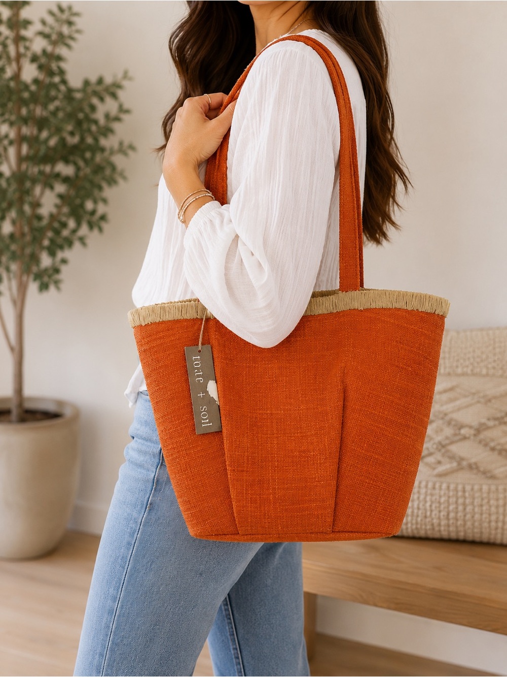 Mar Y Sol Handmade in Madagascar Orange Two Handle Straw Bottom Tote